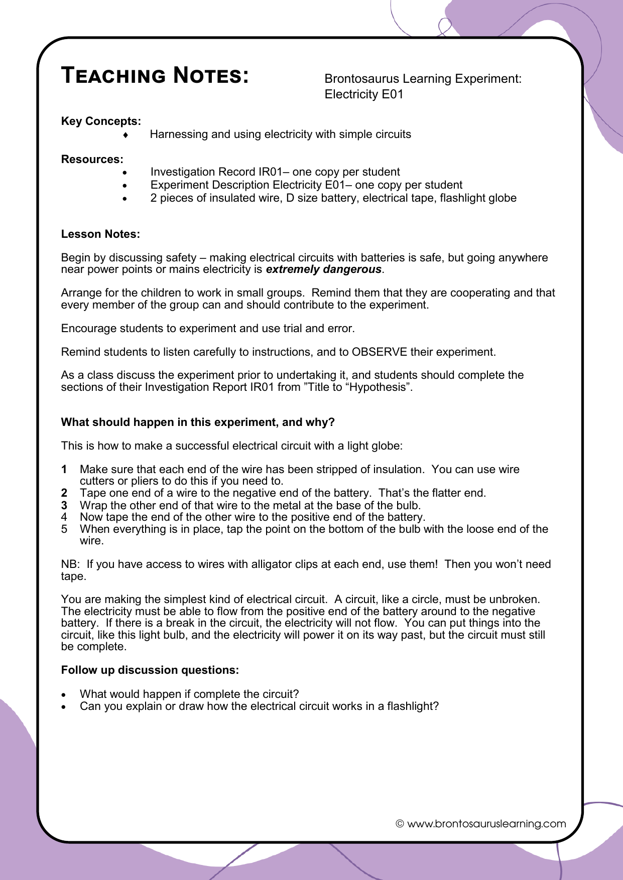 Electricity Experiment E01: Simple Circuits 3 Teacher notes page preview for Electricity Experiment: A Simple Circuit