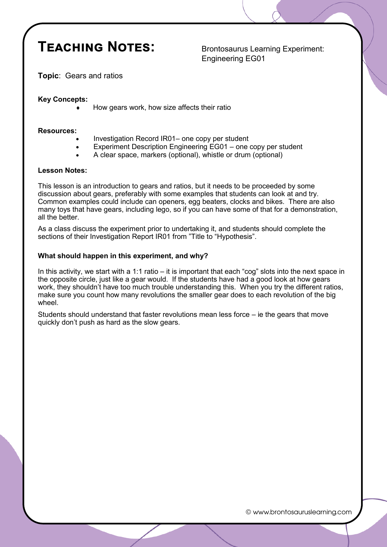 Teacher notes page preview for Engineering Experiment: Gears and Ratios