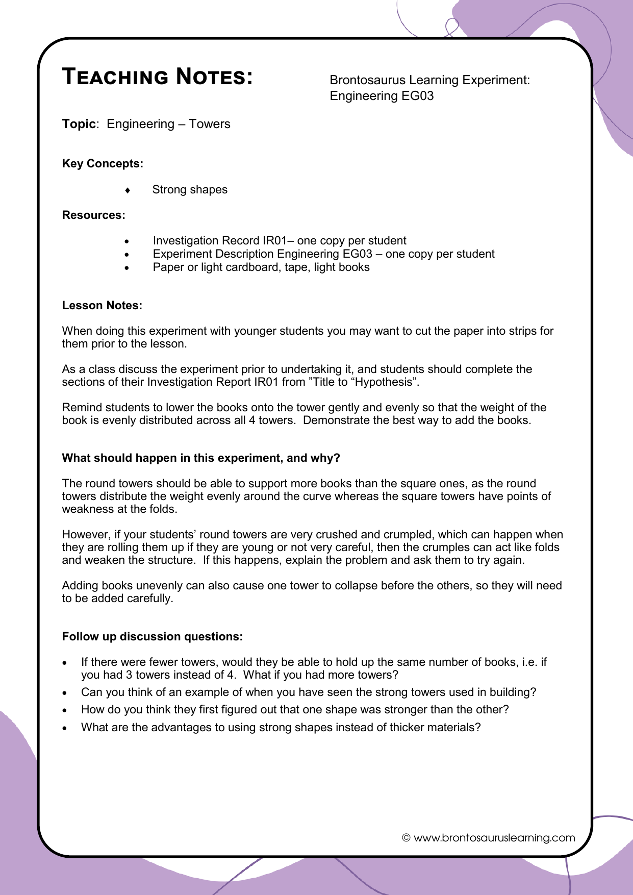 Engineering Experiment EG03: Towers of Power 3 Teacher notes page preview for Engineering Experiment: Towers of Power