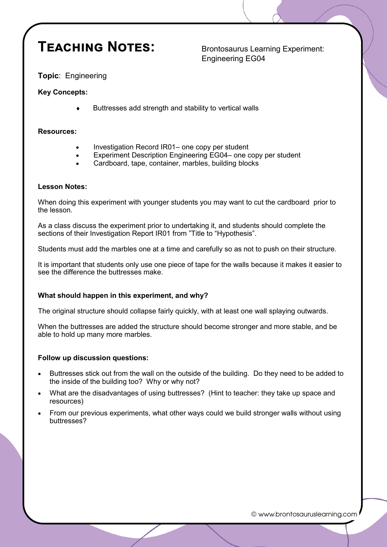 Engineering Experiment EG04: Buttresses 3 Teacher notes page preview for Engineering Experiment: Buttresses