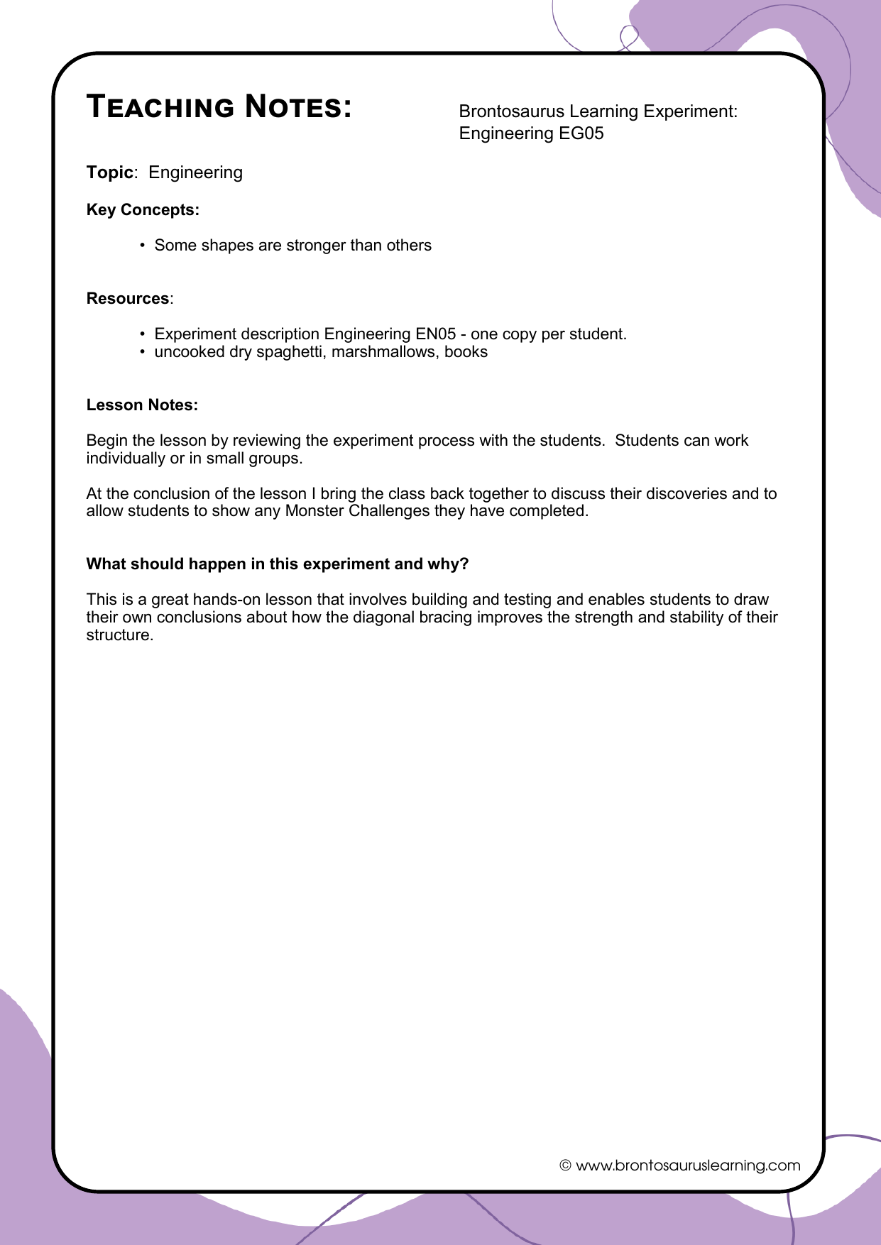 Engineering Experiment EG05: Bracing 3 Teacher notes page preview for Engineering Experiment: Bracing