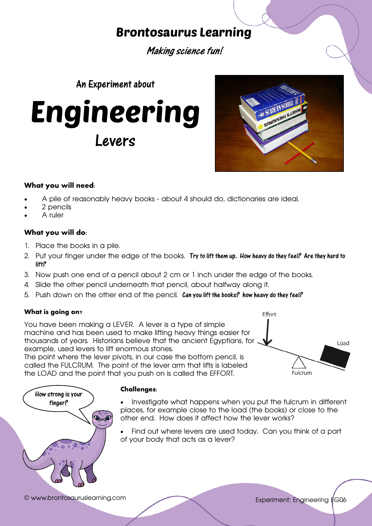 Engineering Experiment EG06: Levers 2 Student resource page preview for Engineering Experiment: Levers