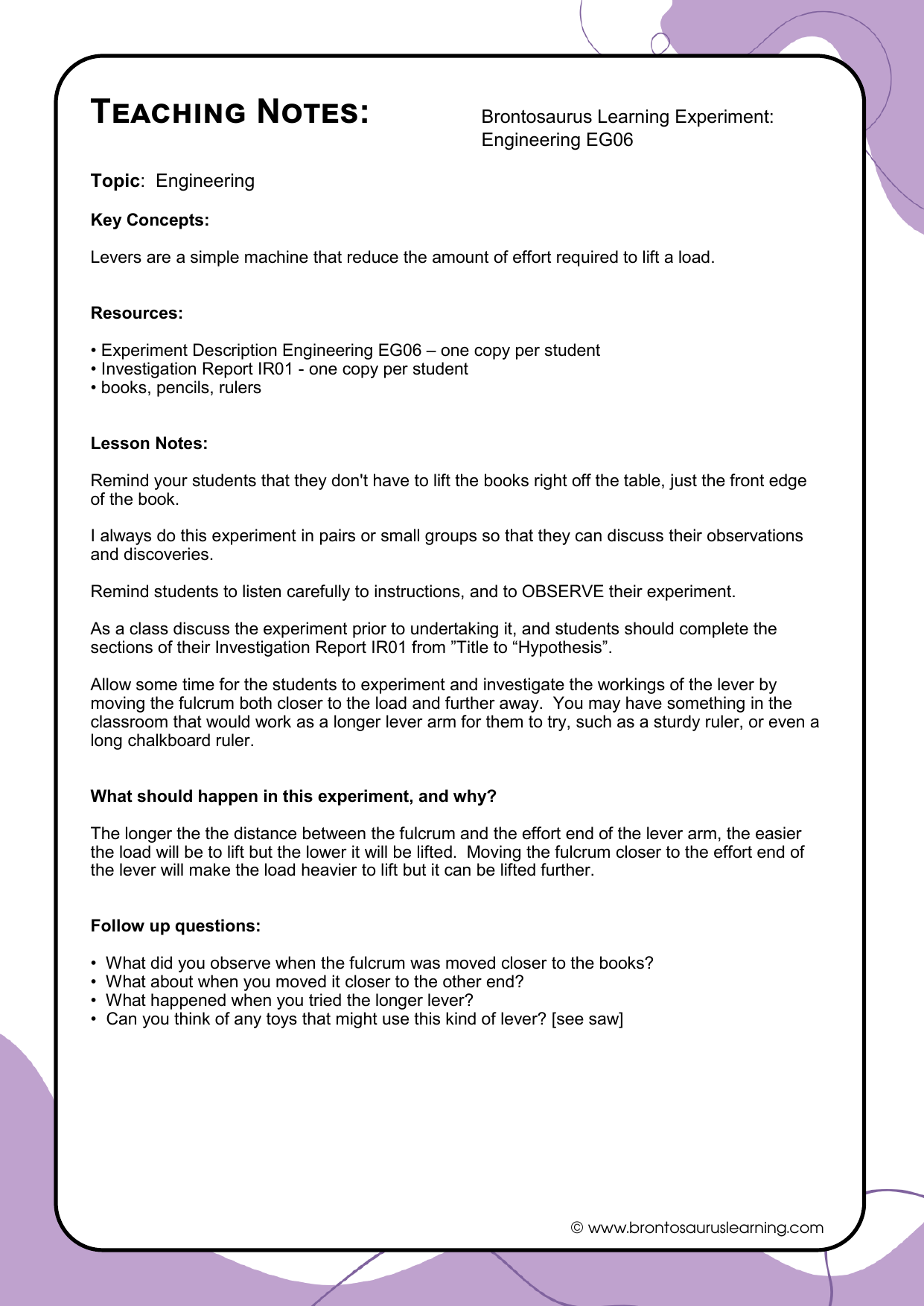 Engineering Experiment EG06: Levers 3 Teacher notes page preview for Engineering Experiment: Levers