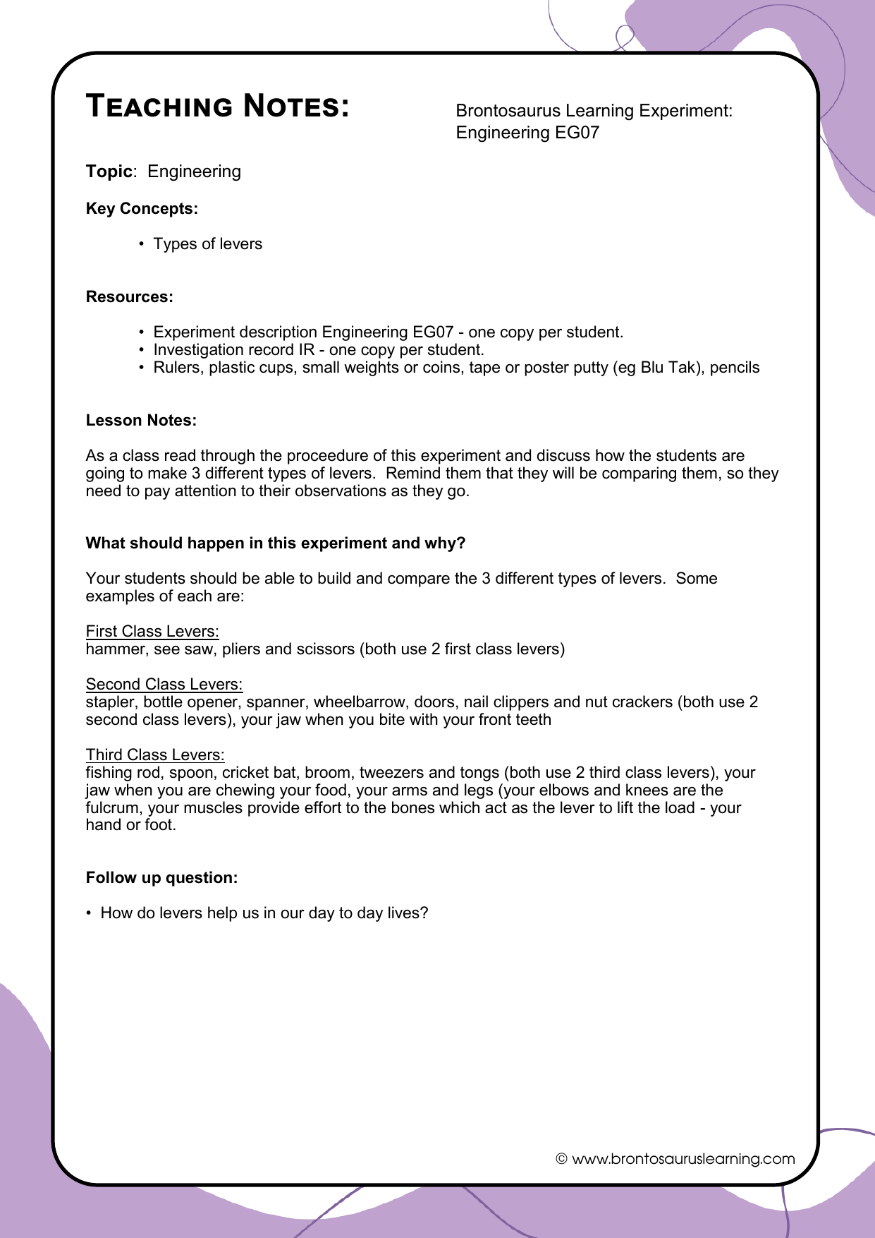 Engineering Experiment EG07: Simple Machines - Types of Levers 3 Teacher notes page preview for Engineering Experiment: Simple Machines: Types of Levers