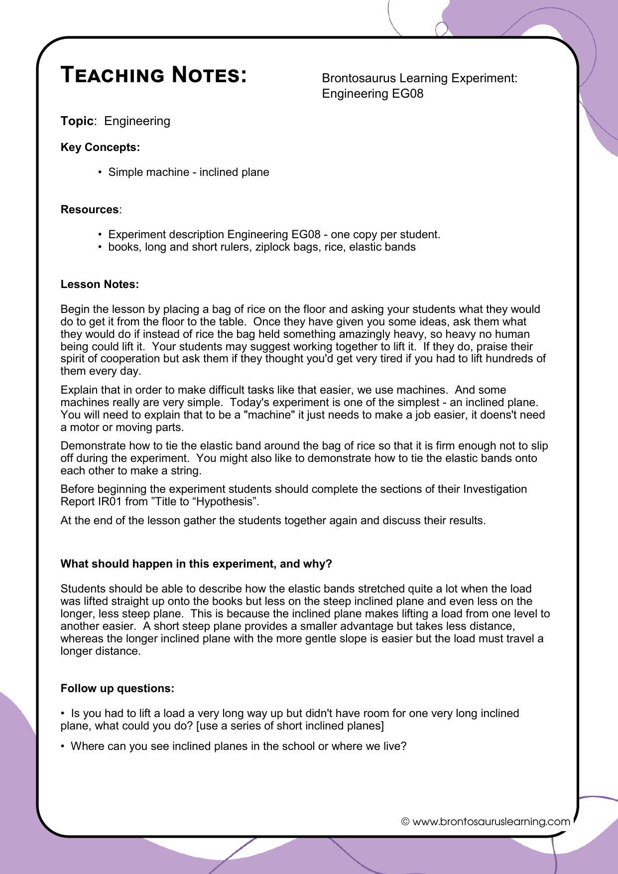 Teacher notes page preview for Engineering Experiment: Simple Machines: Inclined Plane