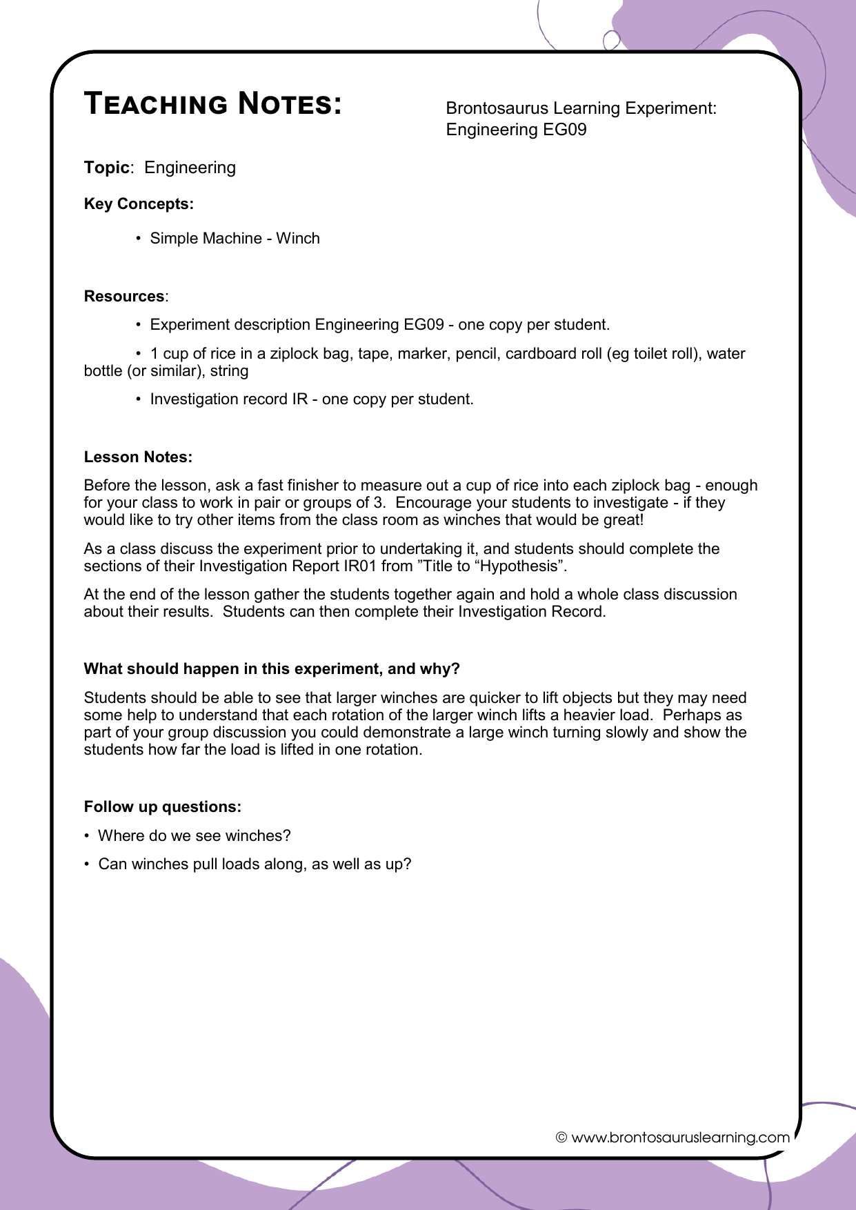 Engineering Experiment EG09: Simple Machines - Winch 3 Teacher notes page preview for Engineering Experiment: Simple Machines: Winch