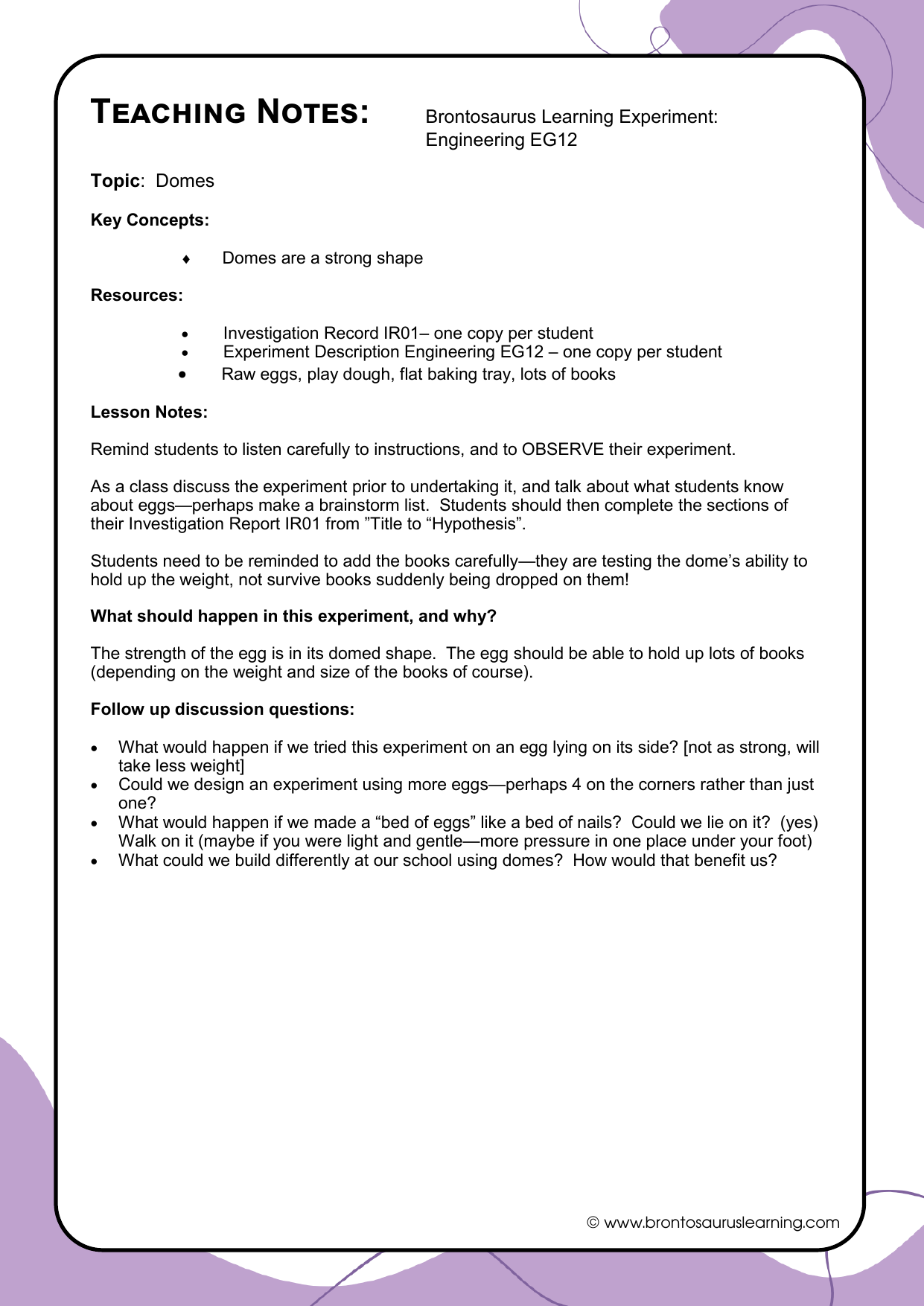 Engineering Experiment EG12: Eggstra Strength 3 Teacher notes page preview for Engineering Experiment: Eggstra Strength