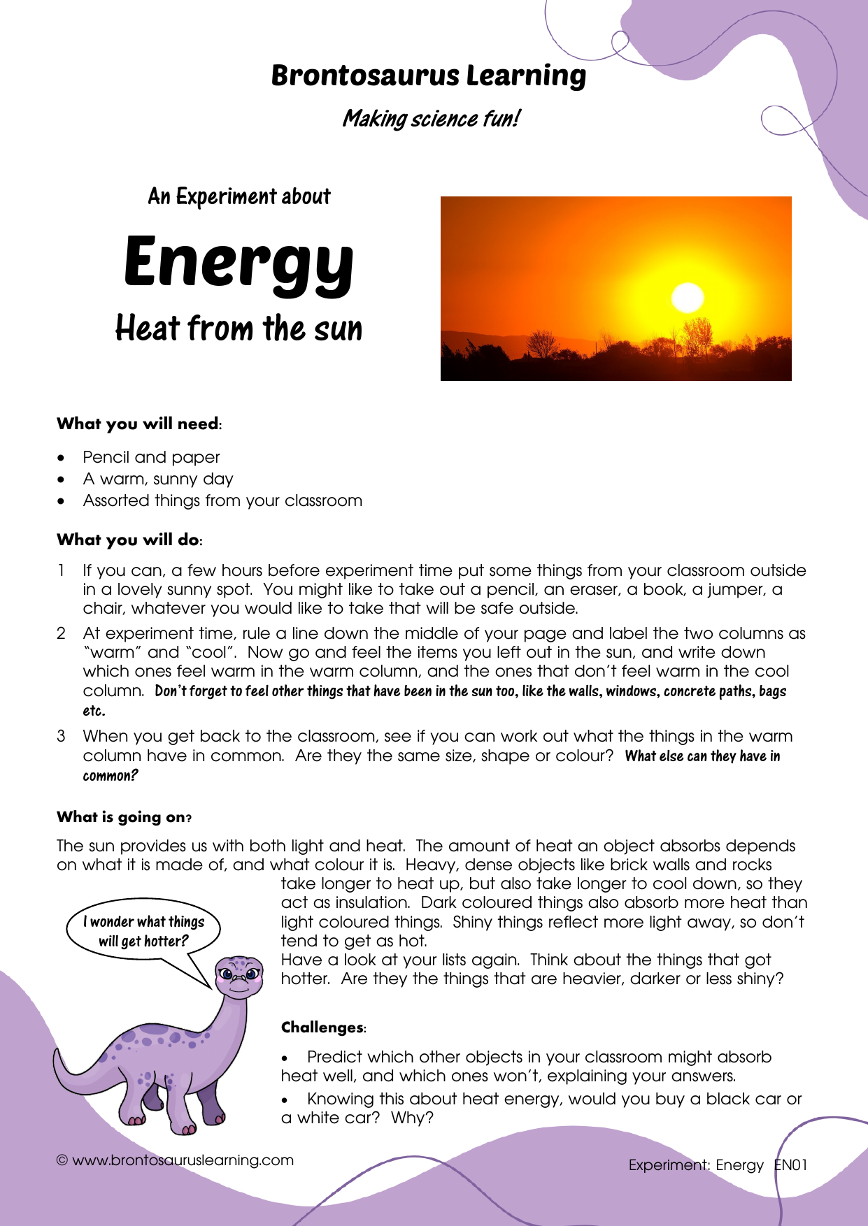 Energy Experiment E01: Heat from the Sun 2 Student resource page preview for Energy Experiment: Heat from the Sun