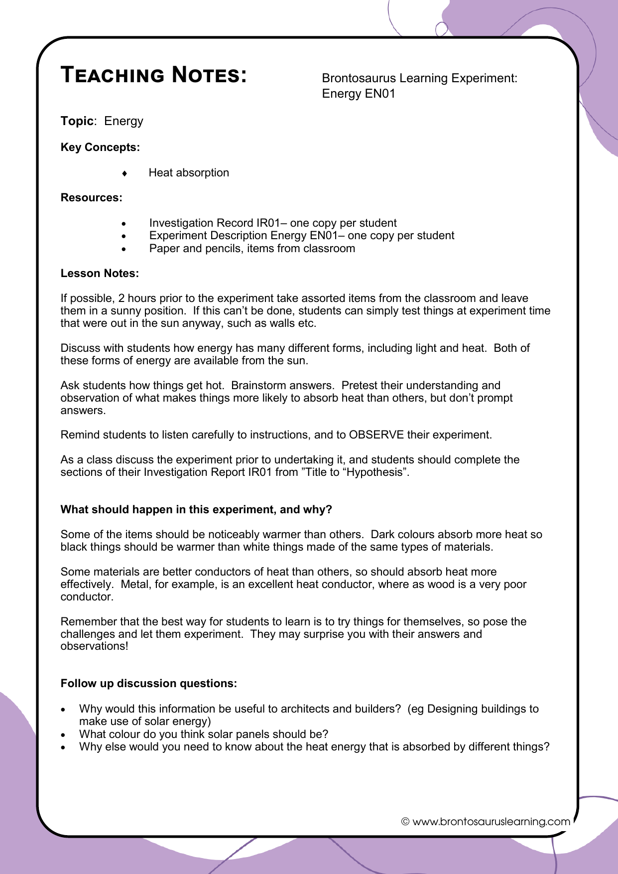 Energy Experiment E01: Heat from the Sun 3 Teacher notes page preview for Energy Experiment: Heat from the Sun