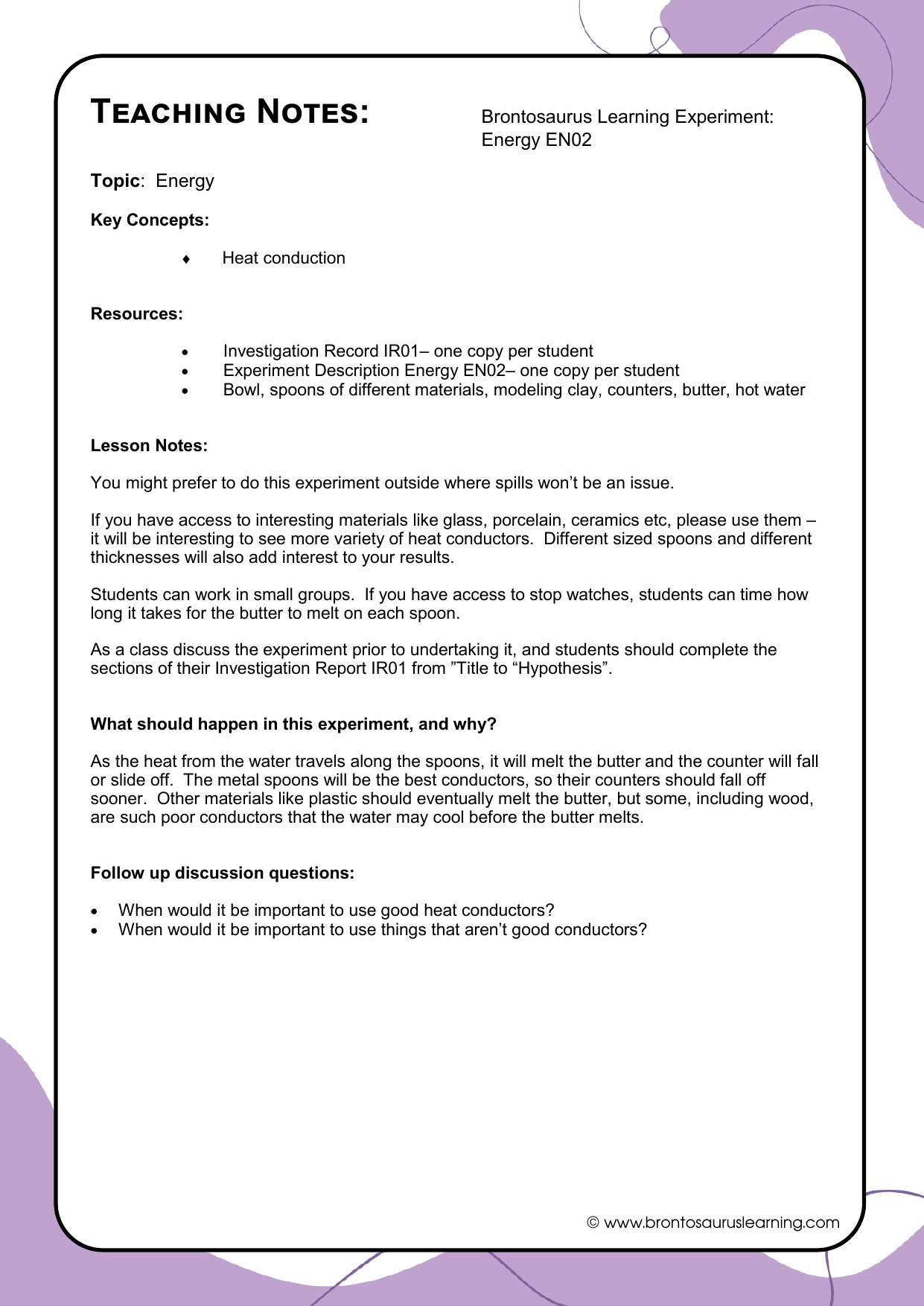 Energy Experiment E02: Heat Conduction 3 Teacher notes page preview for Energy Experiment: Heat Conduction