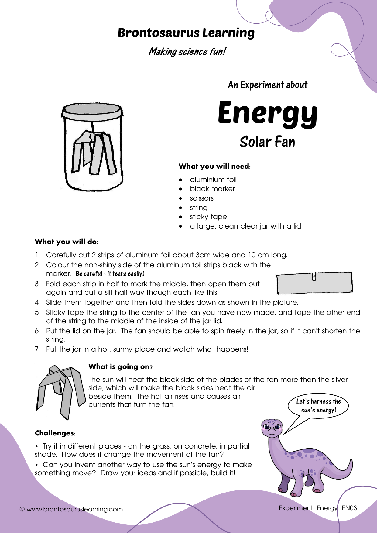 Student resource page preview for Energy Experiment: Solar Fan