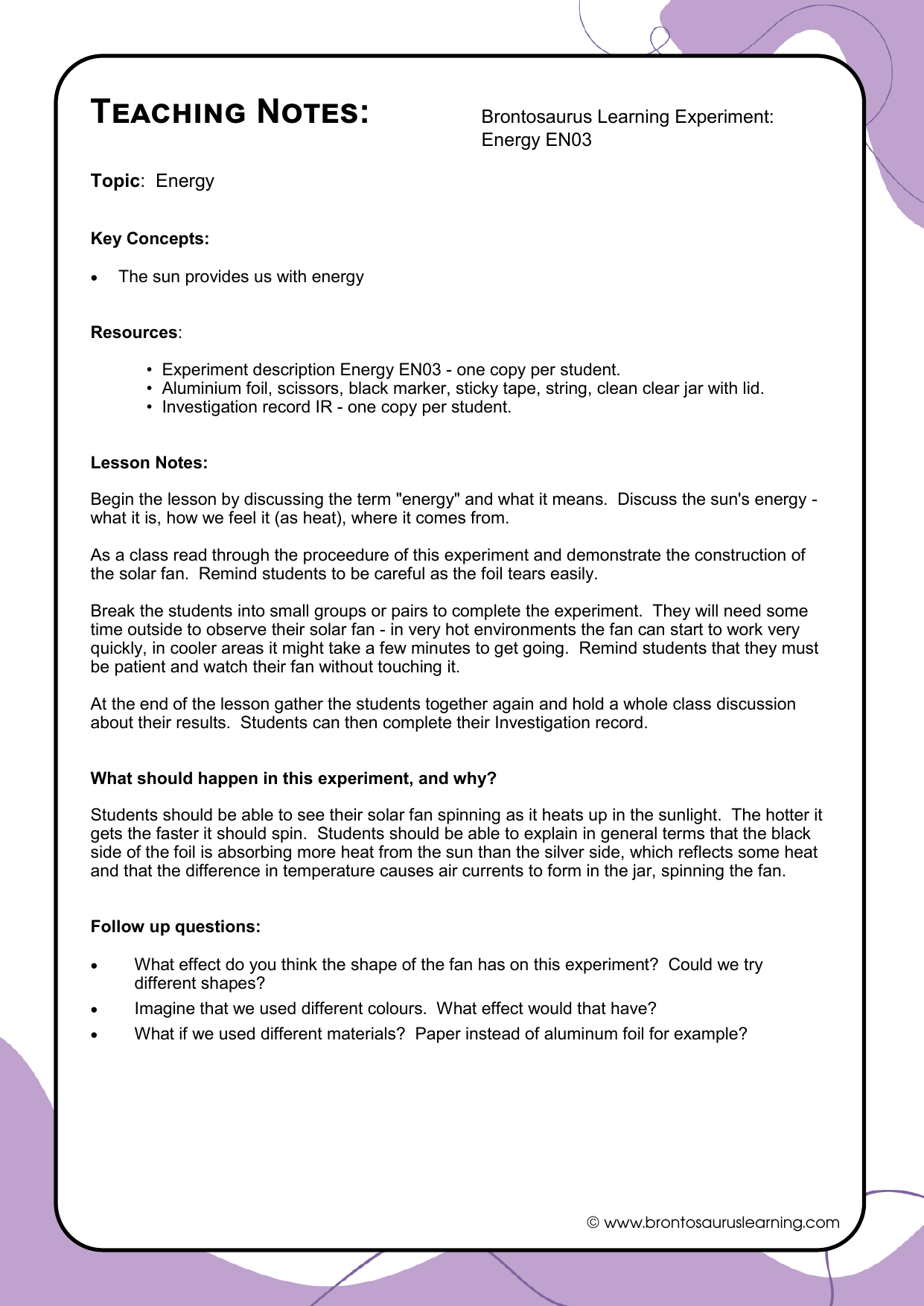 Teacher notes page preview for Energy Experiment: Solar Fan