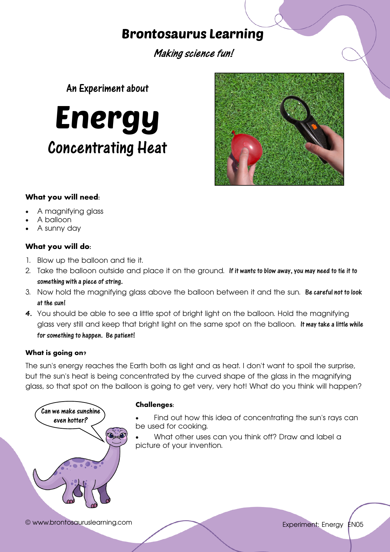 Student resource page preview for Energy Experiment: Concentrating Heat