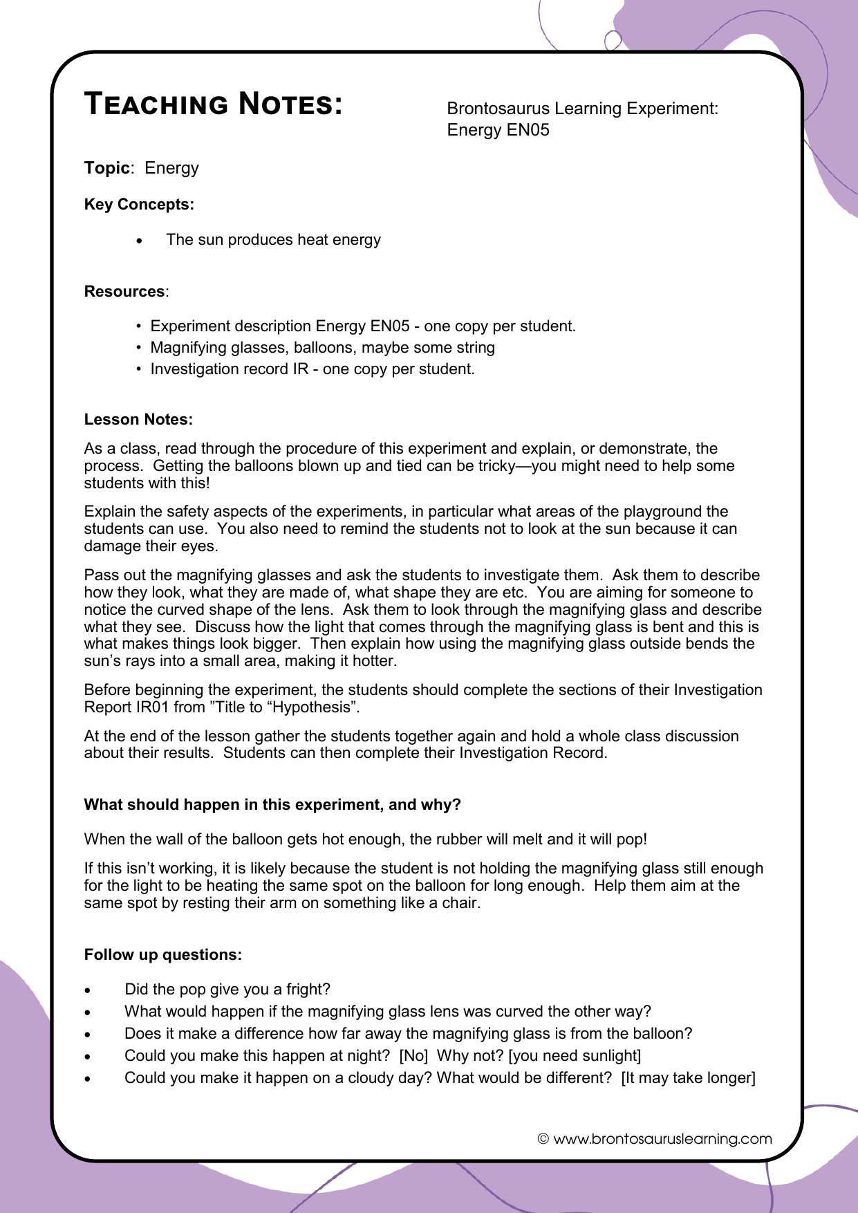 Teacher notes page preview for Energy Experiment: Concentrating Heat
