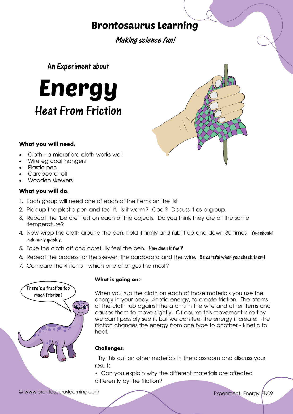 Energy Experiment E09: Heat from Friction 2 Student resource page preview for Energy Experiment: Heat from Friction