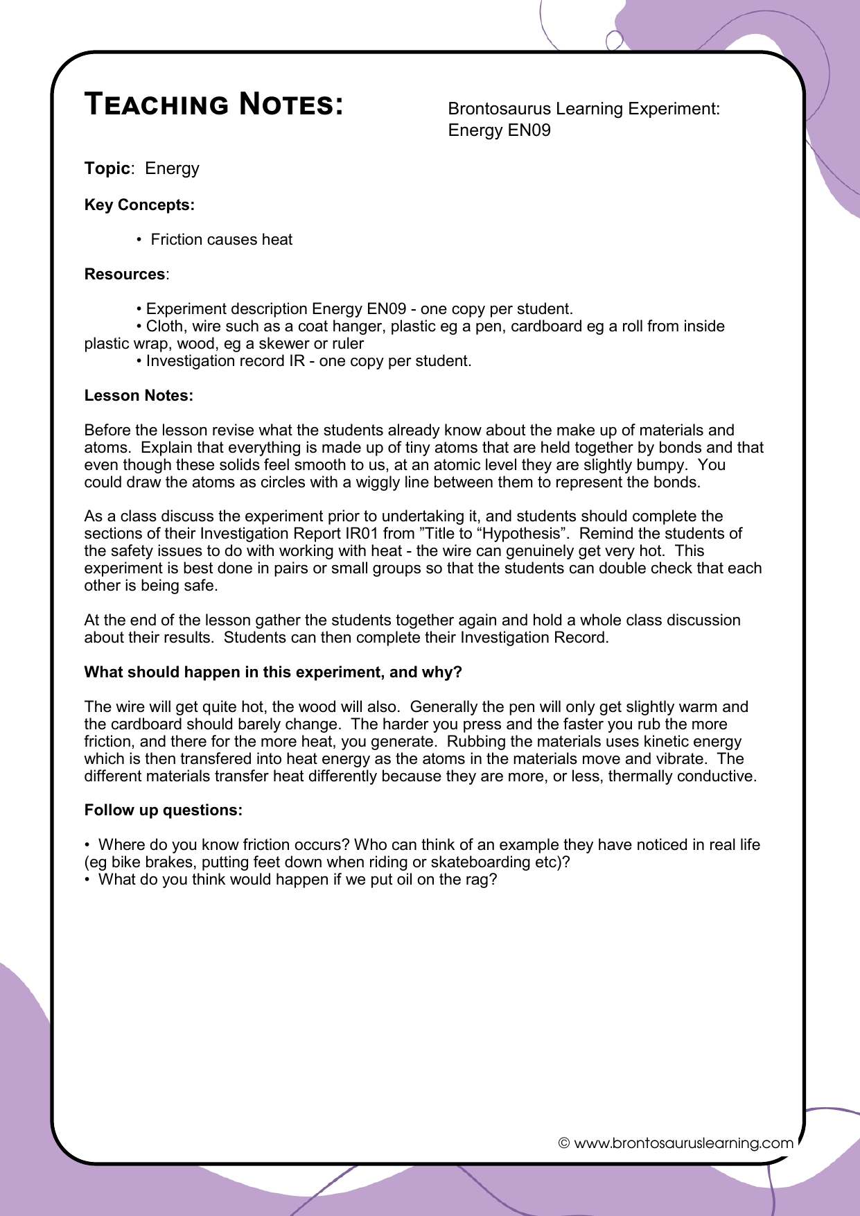 Energy Experiment E09: Heat from Friction 3 Teacher notes page preview for Energy Experiment: Heat from Friction