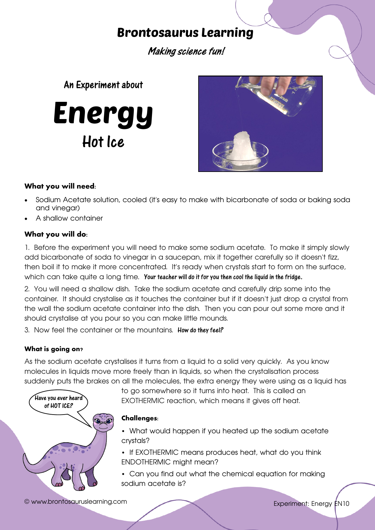 Student resource page preview for Energy Experiment: Chemical Heat