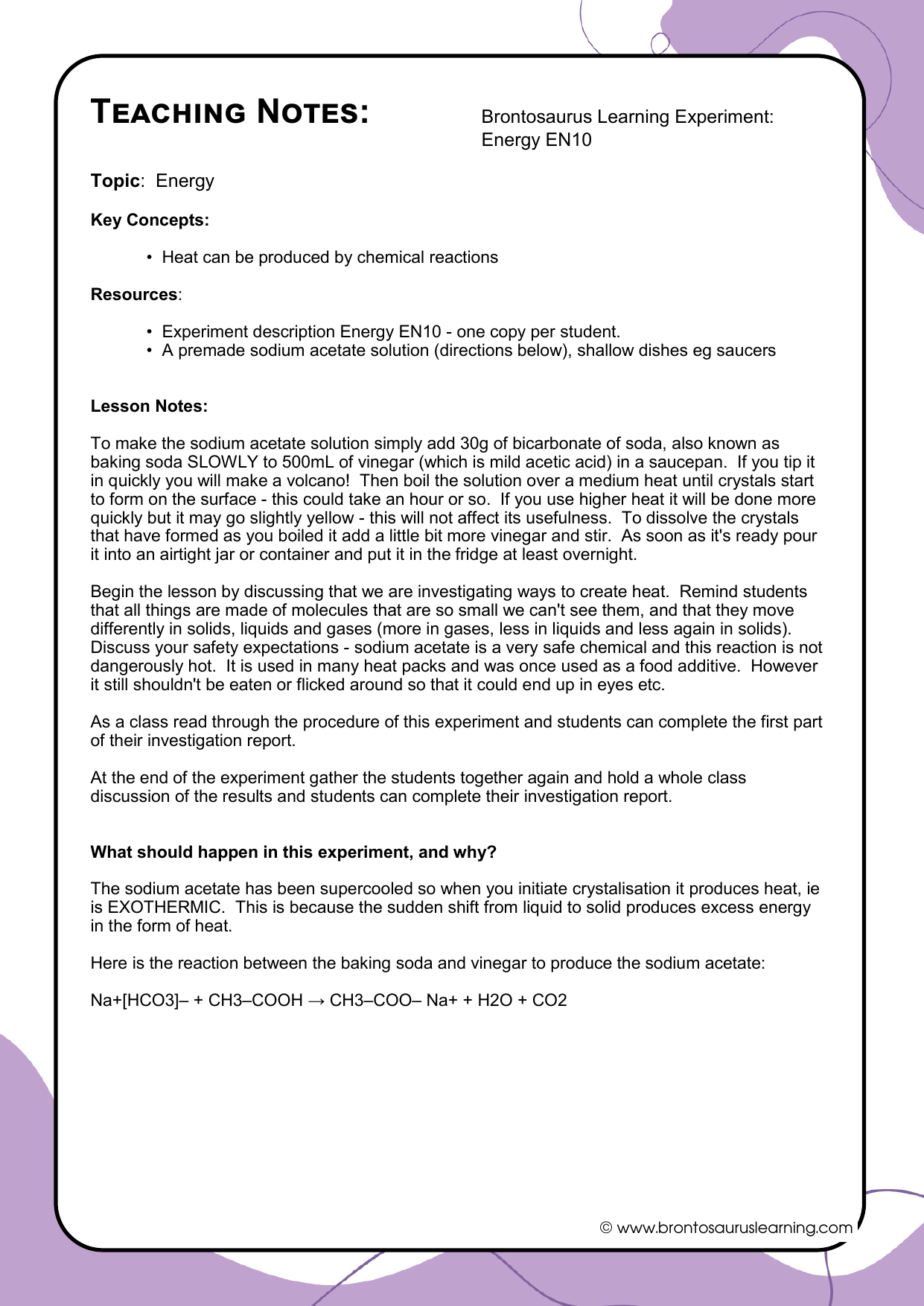 Teacher notes page preview for Energy Experiment: Chemical Heat