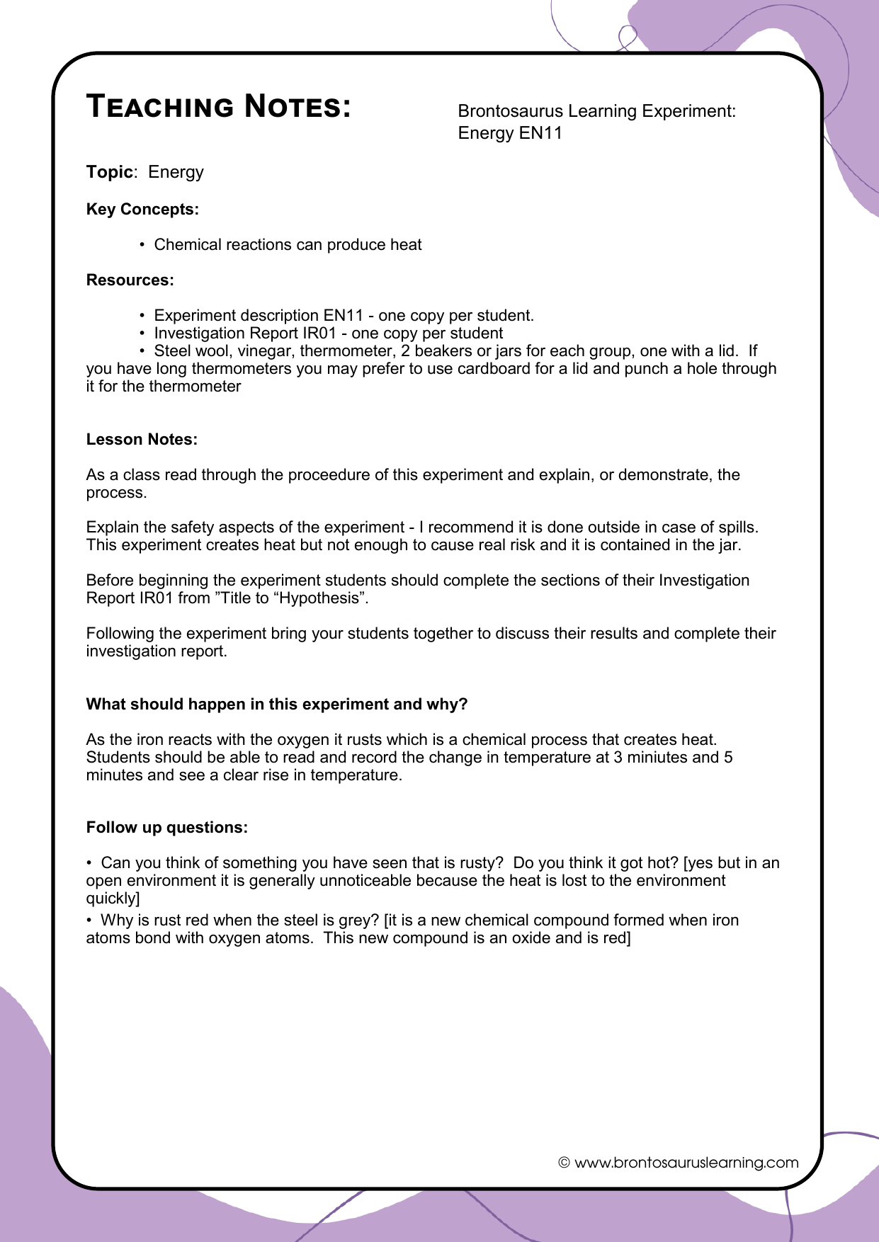 Teacher notes page preview for Energy Experiment: Hot Steel