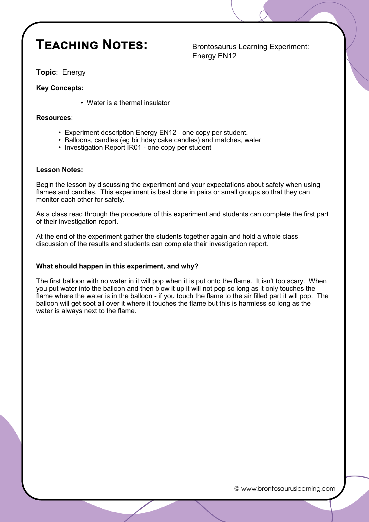 Teacher notes page preview for Energy Experiment: Insulating Water
