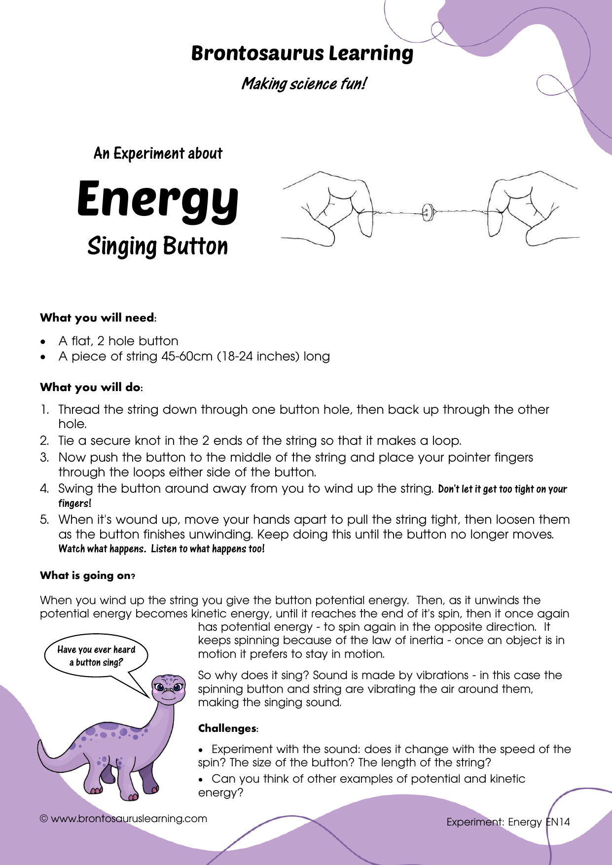 Student resource page preview for Energy Experiment: Singing Button