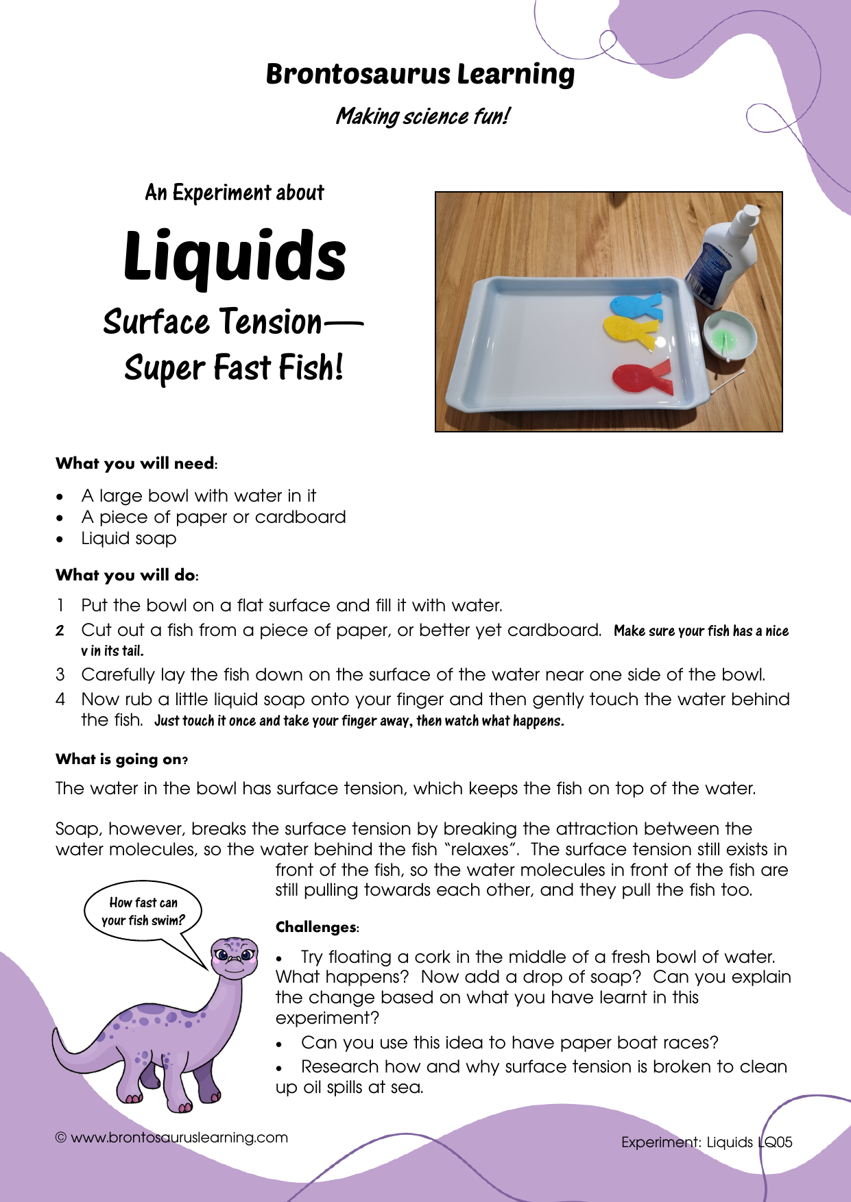 Student resource page preview for Liquids Experiment: Surface Tension - Super Fast Fish!