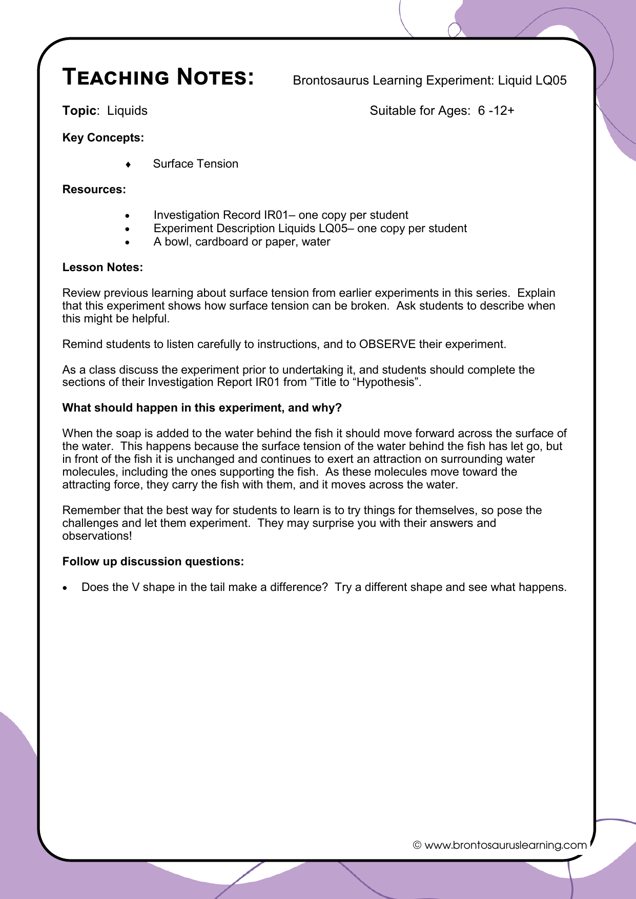 Teacher notes page preview for Liquids Experiment: Surface Tension - Super Fast Fish!