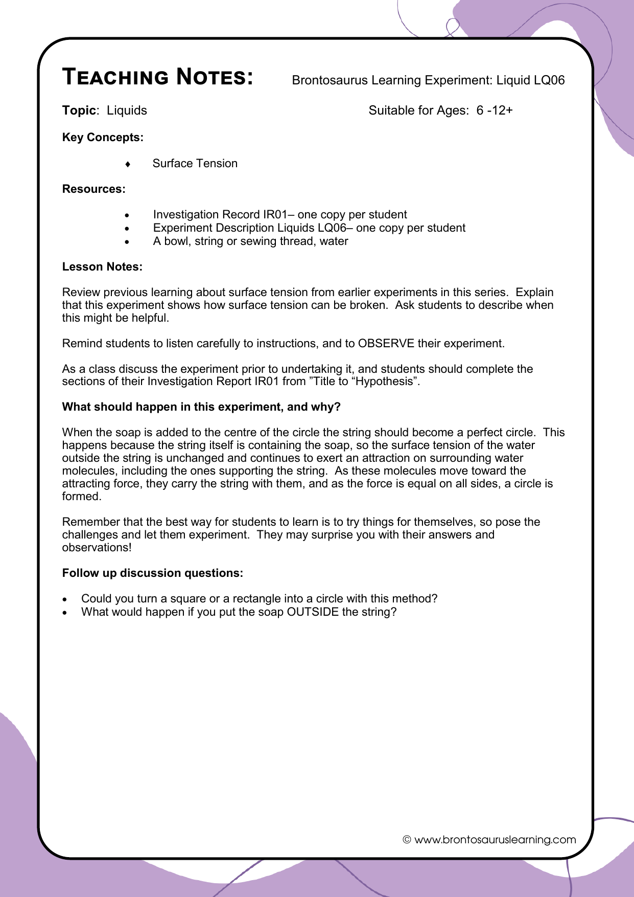 Liquid Experiment LQ06: Surface Tension - Perfect Circle 3 Teacher notes page preview for Liquids Experiment: Surface Tension - Perfect Circle