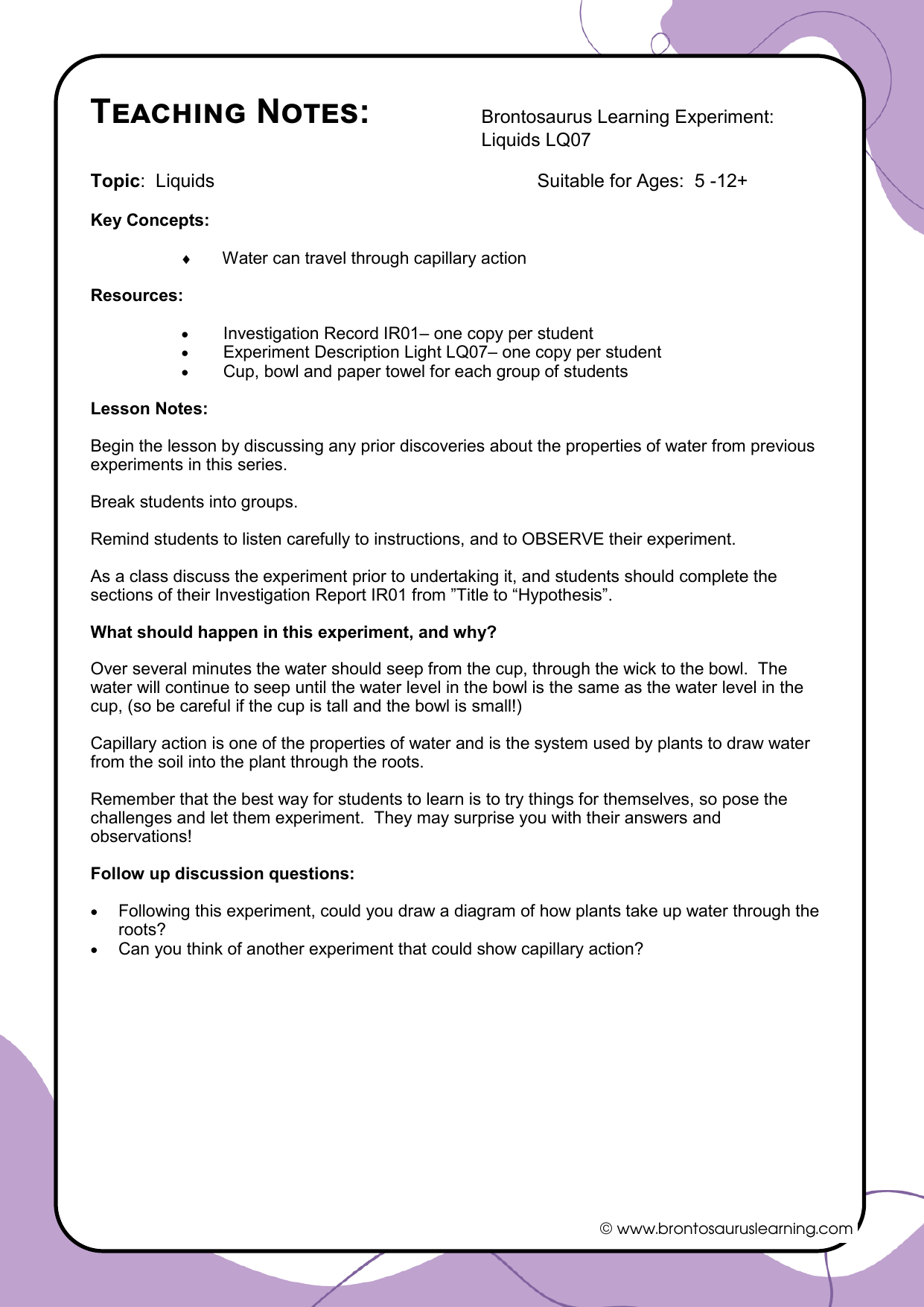 Teacher notes page preview for Liquids Experiment: Walking Water