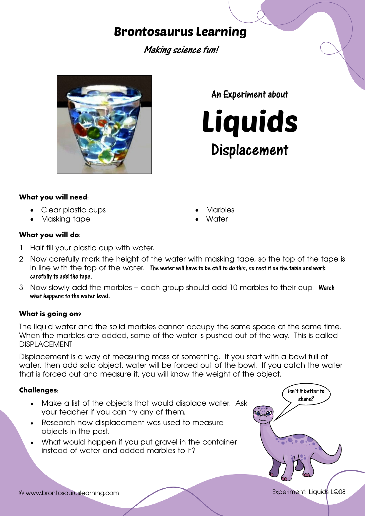 Student resource page preview for Liquids Experiment: Displacement
