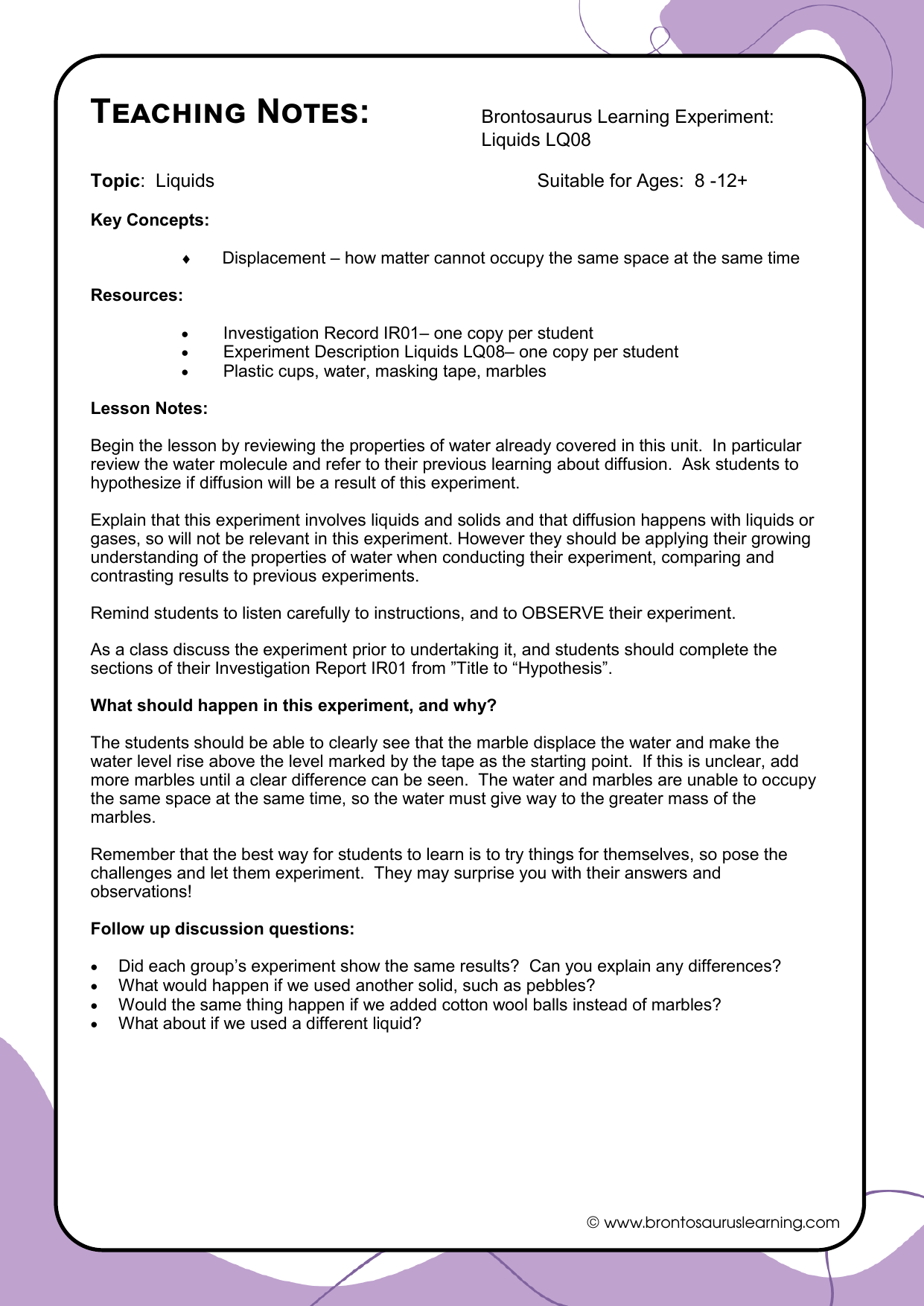 Teacher notes page preview for Liquids Experiment: Displacement