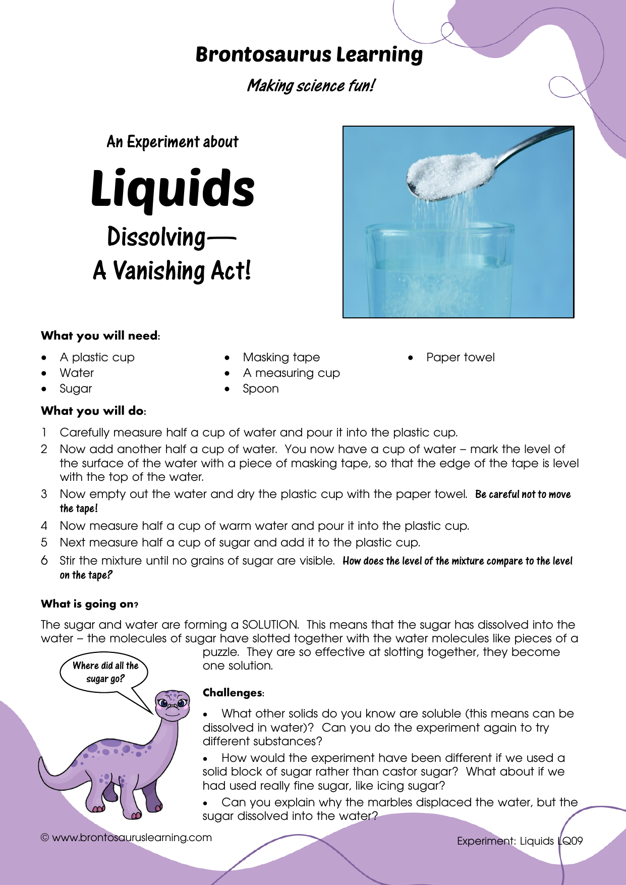 Student resource page preview for Liquids Experiment: Dissolving - A Vanishing Act