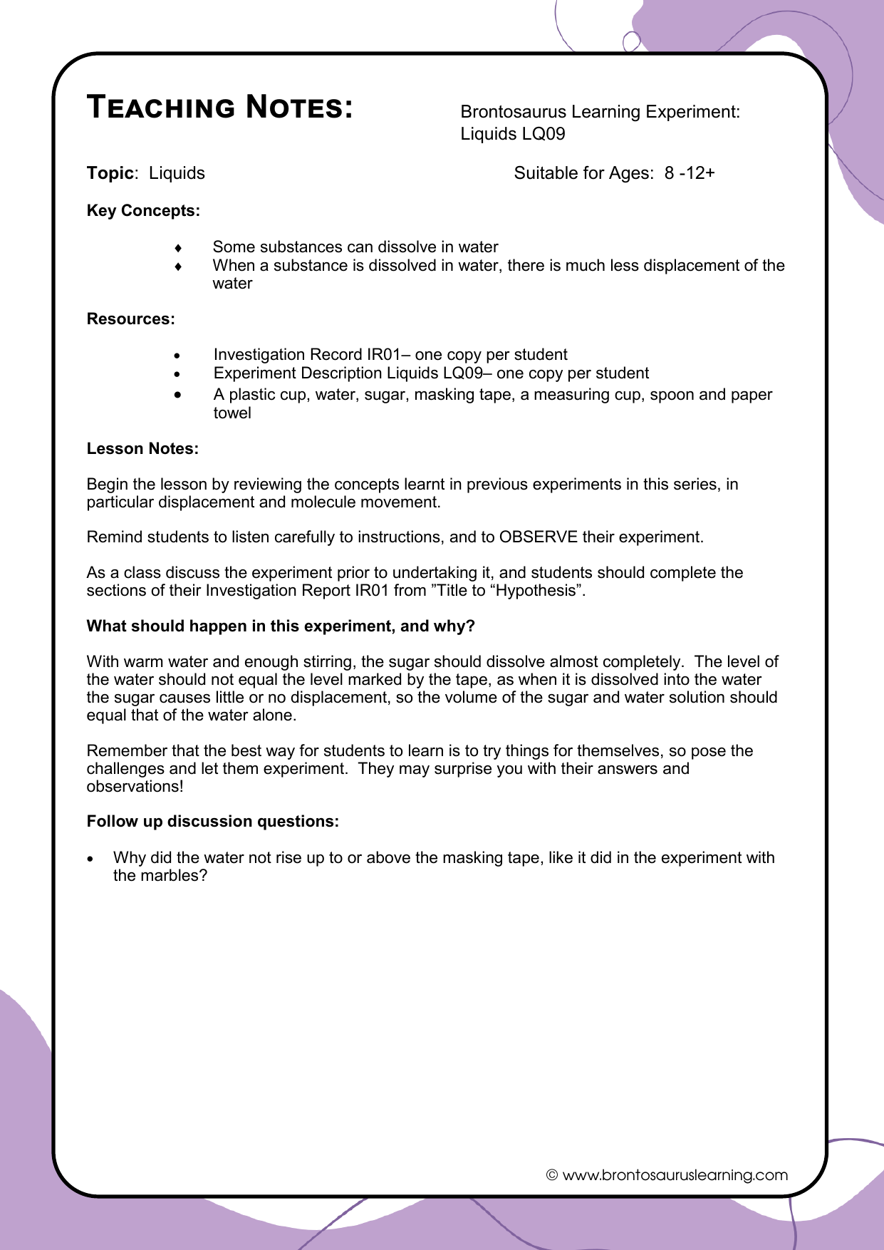 Teacher notes page preview for Liquids Experiment: Dissolving - A Vanishing Act