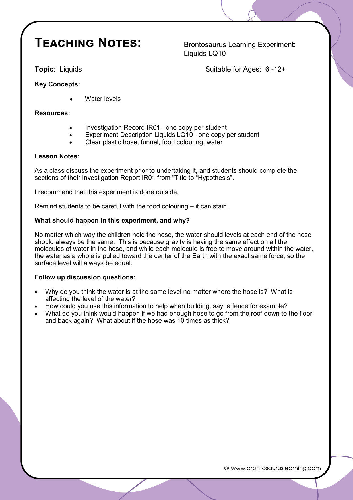 Liquid Experiment LQ09: Water Level 3 Teacher notes page preview for Liquids Experiment: Water Level