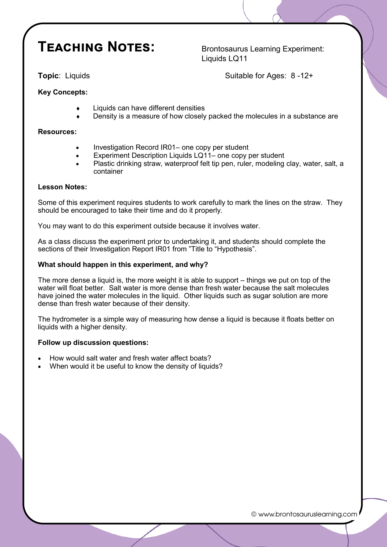 Liquid Experiment LQ10: Make a Hydrometer 3 Teacher notes page preview for Liquids Experiment: Make a Hydrometer