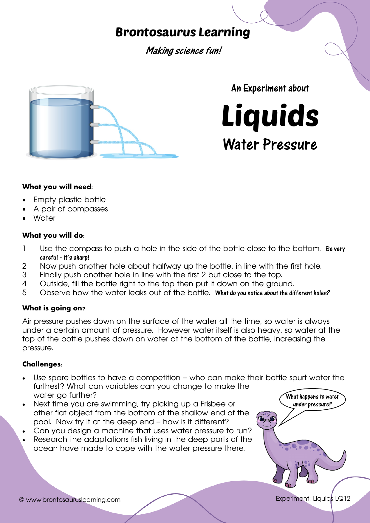 Liquid Experiment LQ11: Water Pressure 2 Student resource page preview for Liquids Experiment: Water Pressure