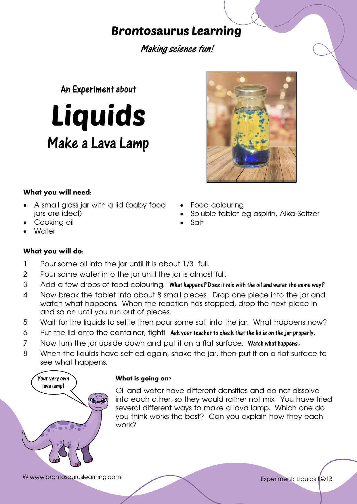 Liquid Experiment LQ12: Lava Lamp 2 Student resource page preview for Liquids Experiment: Lava Lamp