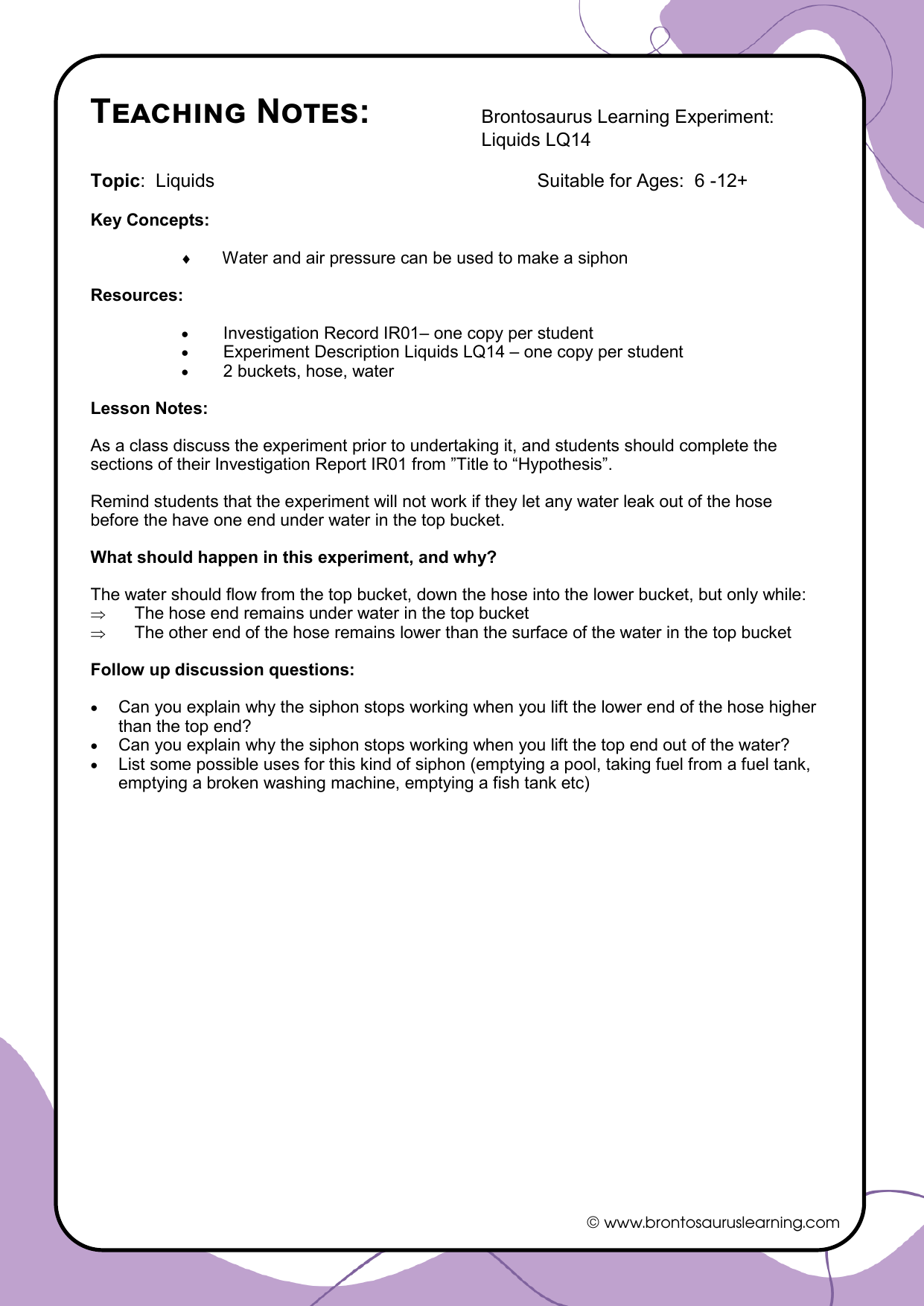 Teacher notes page preview for Liquids Experiment: Make a Siphon