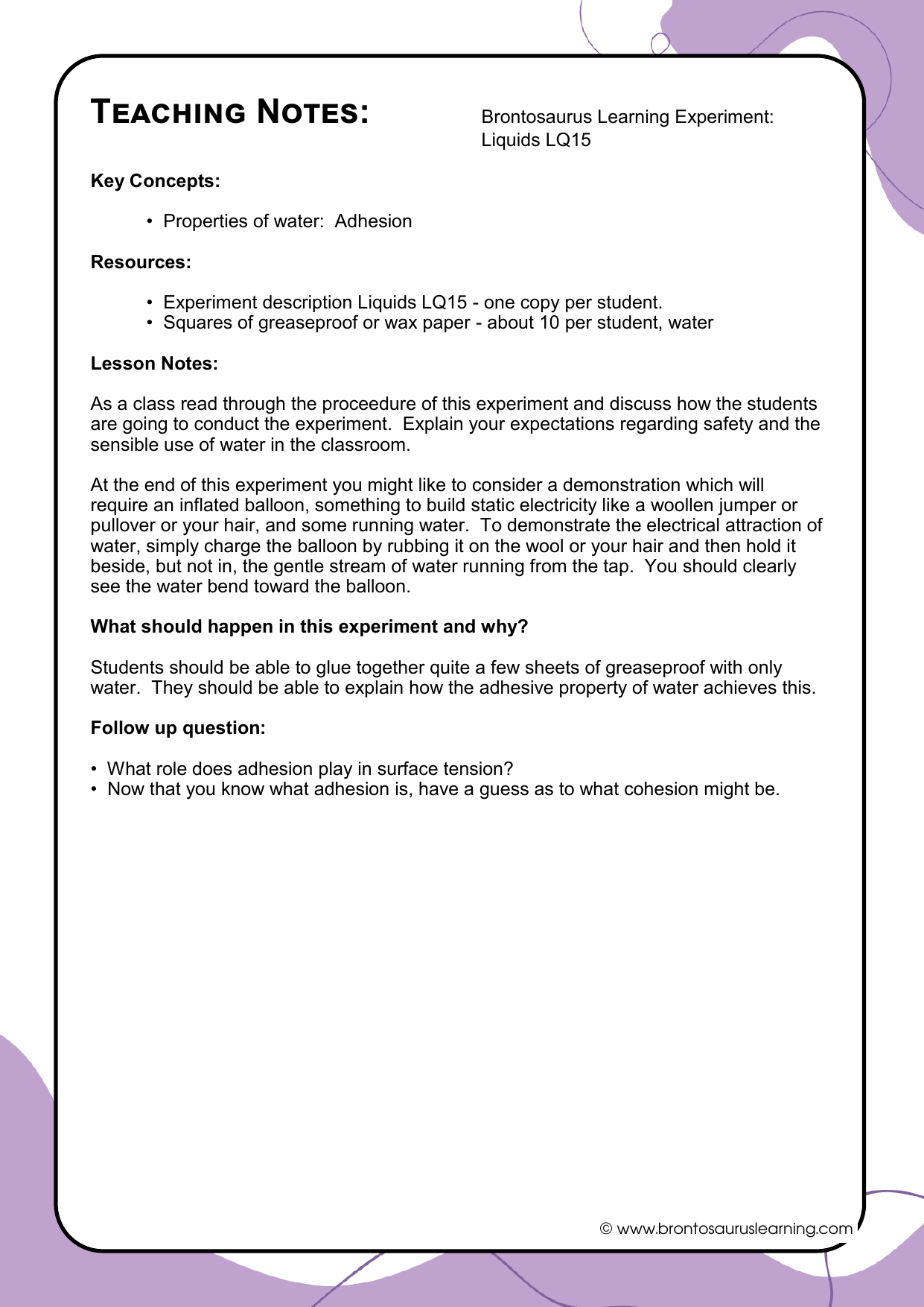 Liquid Experiment LQ14: Sticky Paper 3 Teacher notes page preview for Liquids Experiment: Sticky Paper