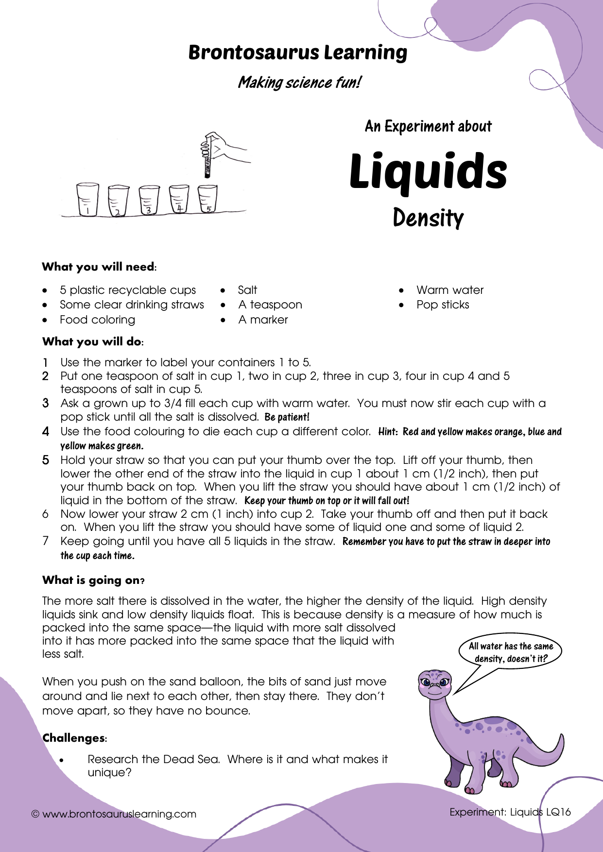 Liquid Experiment LQ15: Density 2 Student resource page preview for Liquids Experiment: Density