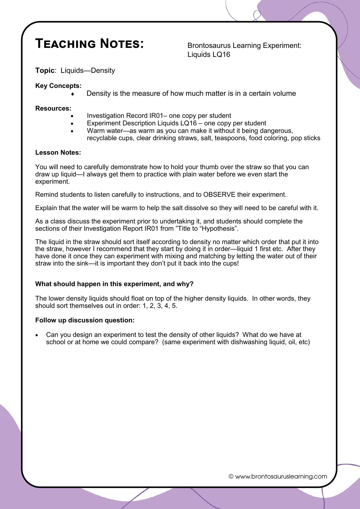 Liquid Experiment LQ15: Density 3 Teacher notes page preview for Liquids Experiment: Density
