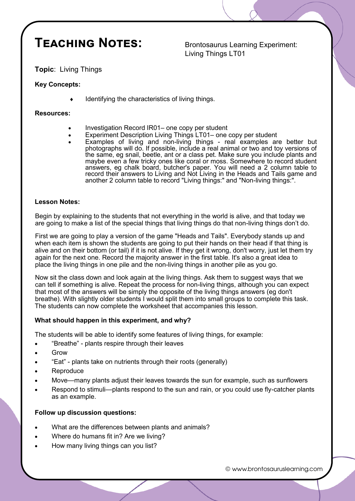 Living Things Experiment LT02: What is alive outside? 3 Teacher notes page preview for Living Things Experiment: What is Alive Outside?