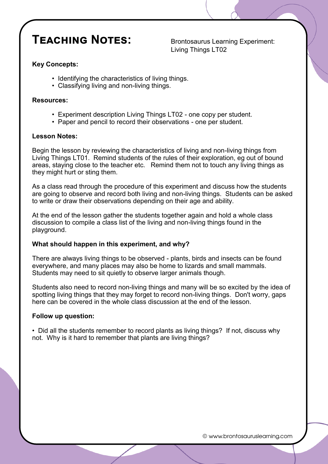 Teacher notes page preview for Living Things Experiment: Was it Ever Alive?