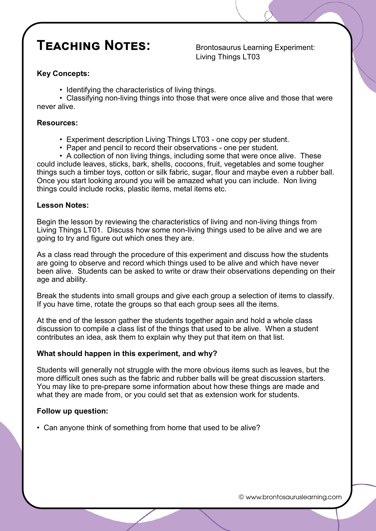 Teacher notes page preview for Living Things Experiment: What do Animals Need?
