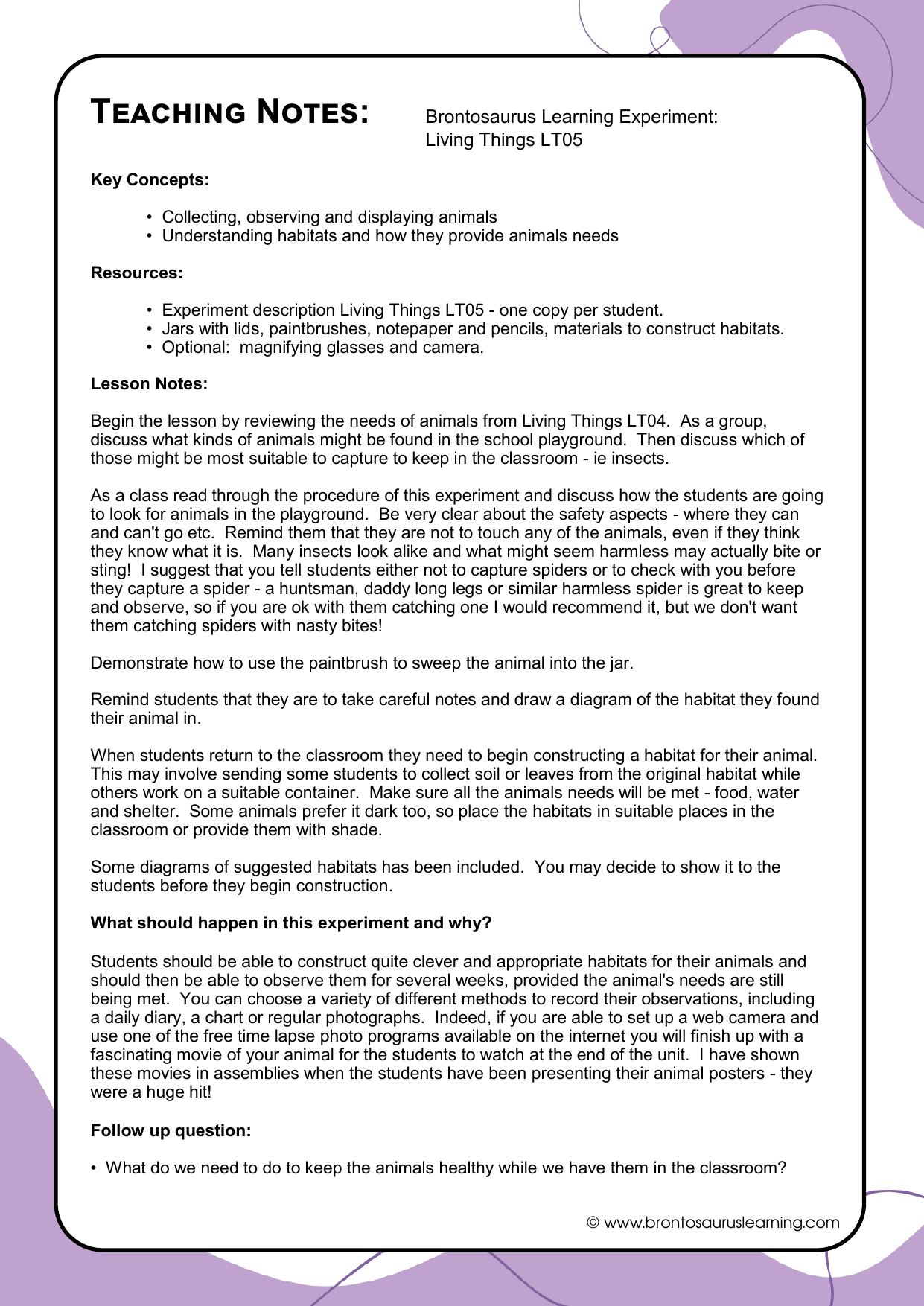 Living Things Experiment LT06: Classifying Animals 3 Teacher notes page preview for Living Things Experiment: Classifying Animals