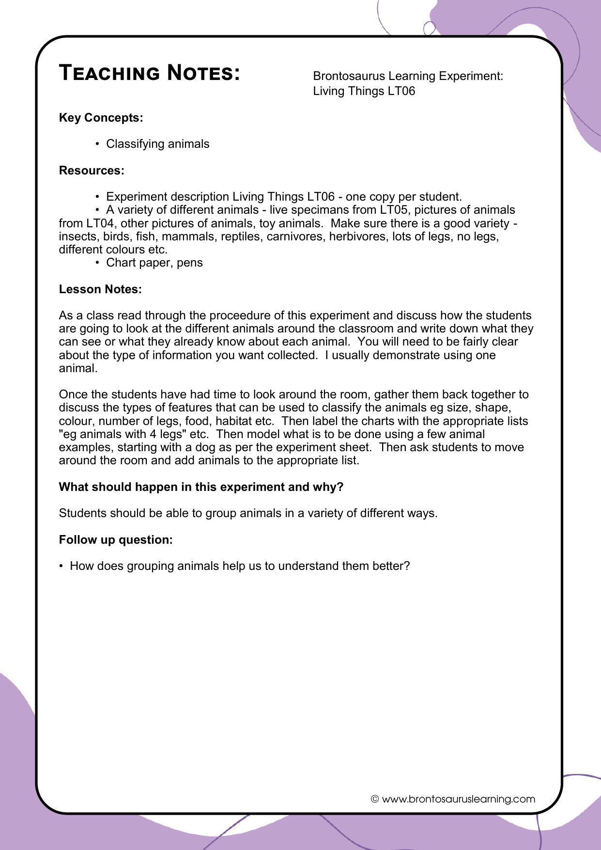 Living Things Experiment LT07: Plant or Animal? 3 Teacher notes page preview for Living Things Experiment: Plant or Animal?