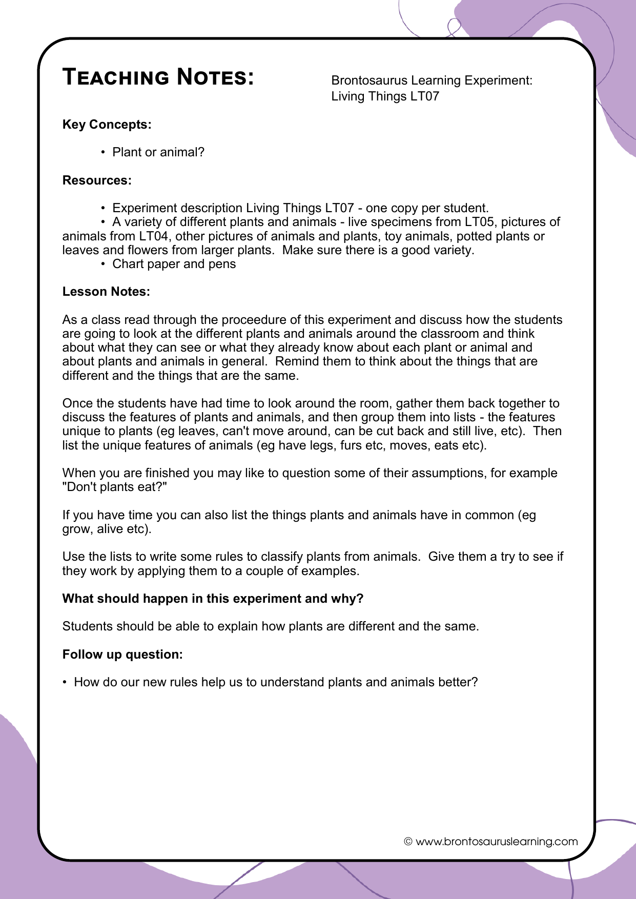 Living Things Experiment LT08: Do Plants Eat? 3 Teacher notes page preview for Living Things Experiment: Do Plants Eat?