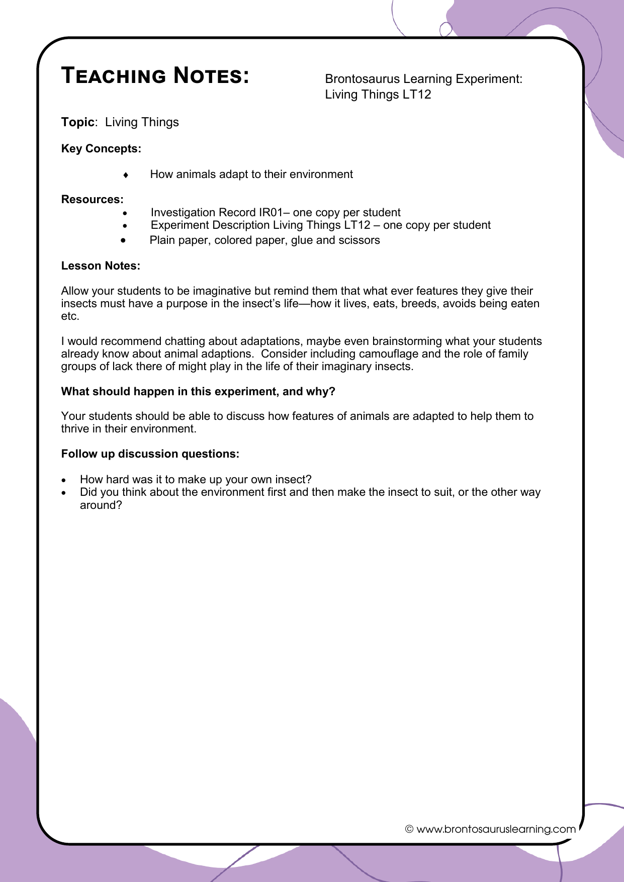 Additional resource page preview for Living Things Experiment: Design An Insect