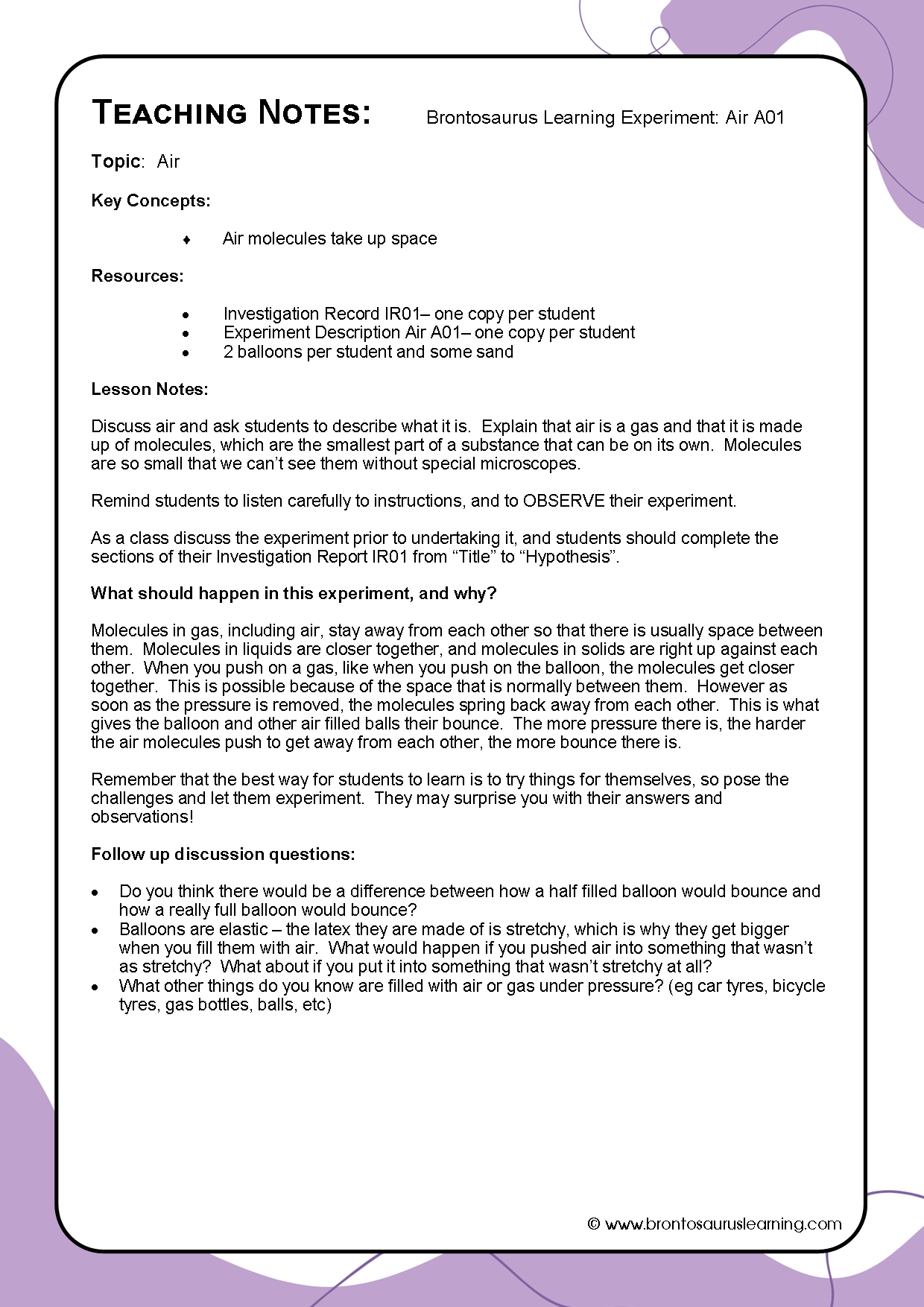Air Experiment A01: Elastic air 3 Teacher notes page preview for Air Experiment: Elastic Air