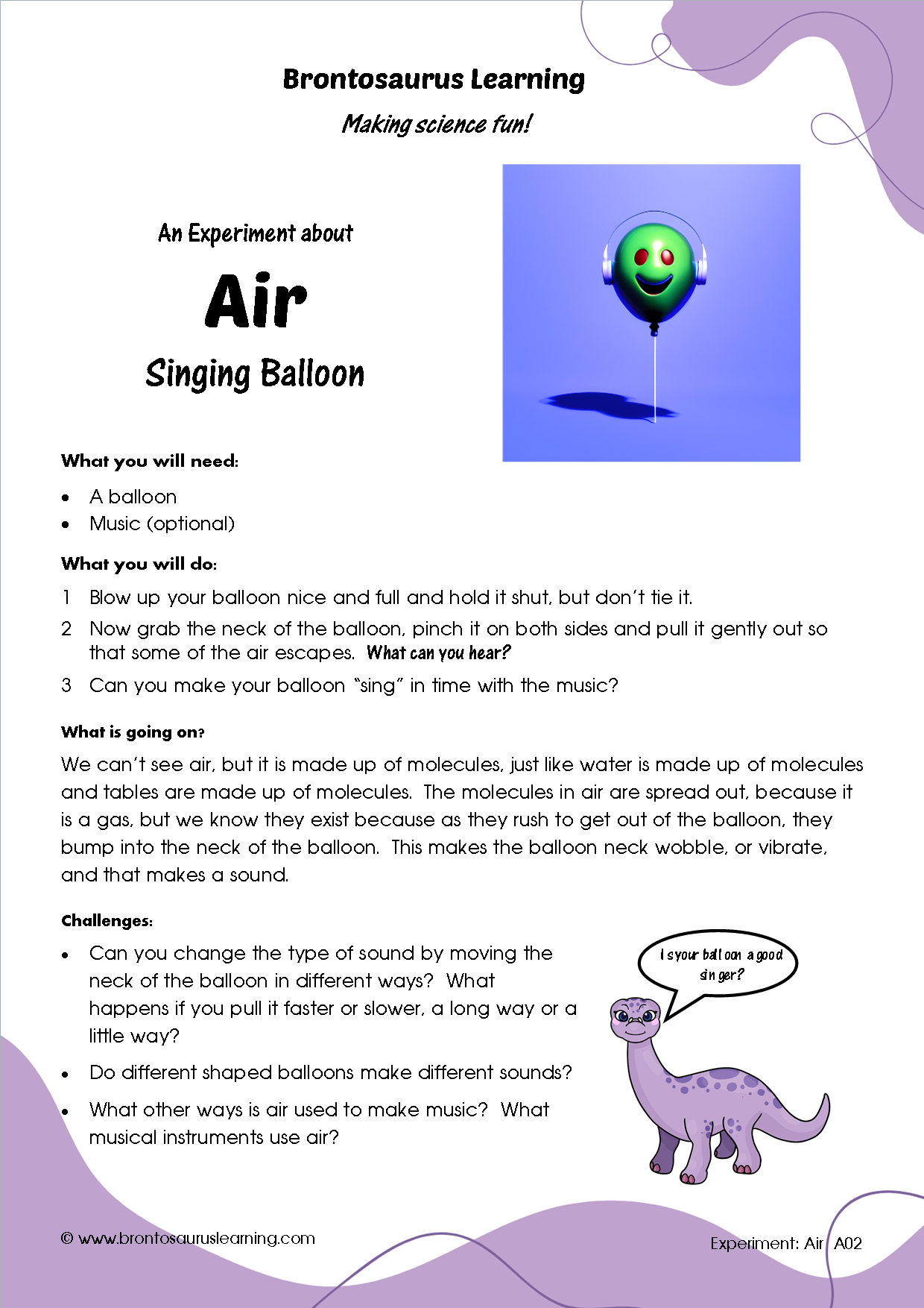Air Experiment A02: Singing Balloon 2 Student resource page preview for Air Experiment: Singing Balloon